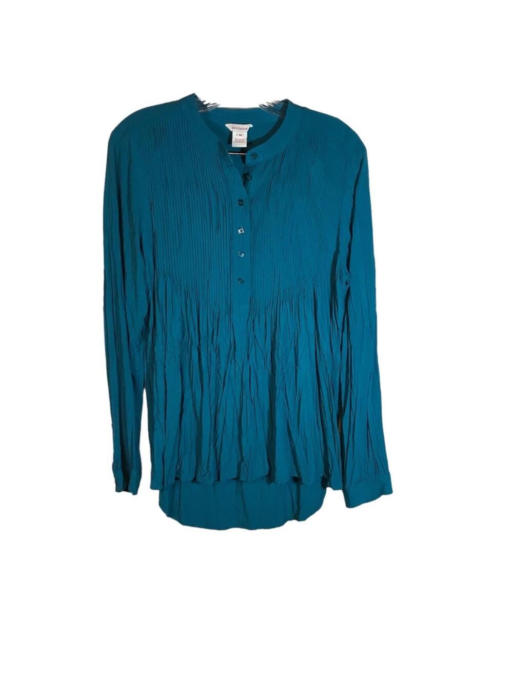 Sundance Crinkle Rayon Tunic Blouse Women’s M Teal Long Sleeve Boho Casual